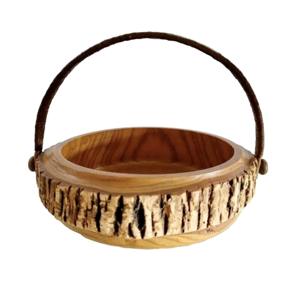 Vintage 10 Inch Rustic Wooden Bowl Basket With Wicker Handle - Picture 3 of 7